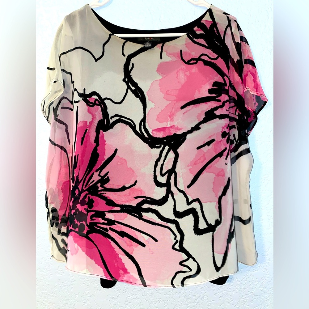 Style Inc. layered blouse, sheer print over black